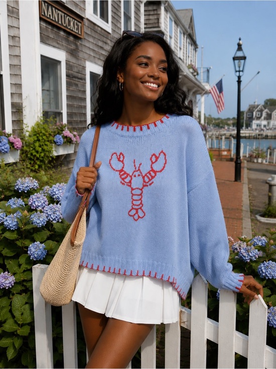 Bailey Rose Sweaters - Bailey Rose Light Blue Lobster Accent Sweater with Red Trim